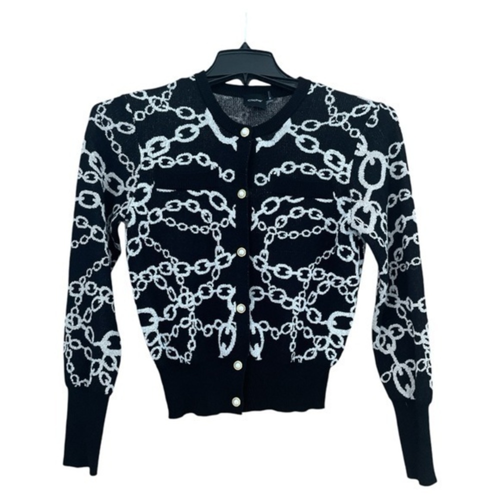 Cliche Vtg Chainlink Cardigan Sweater Pearl‎ Buttons Black Womens Small Crop